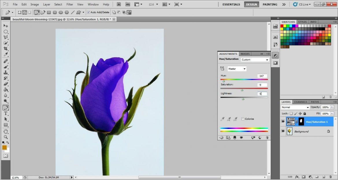 Settings for hue and saturation